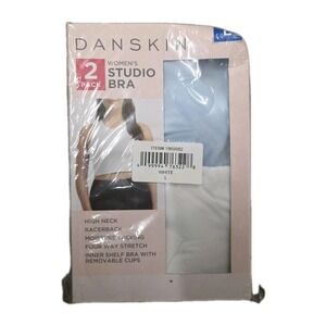 NEW Danskin Women's L Studio Bra 2-Pack High Neck Racerback Blue White